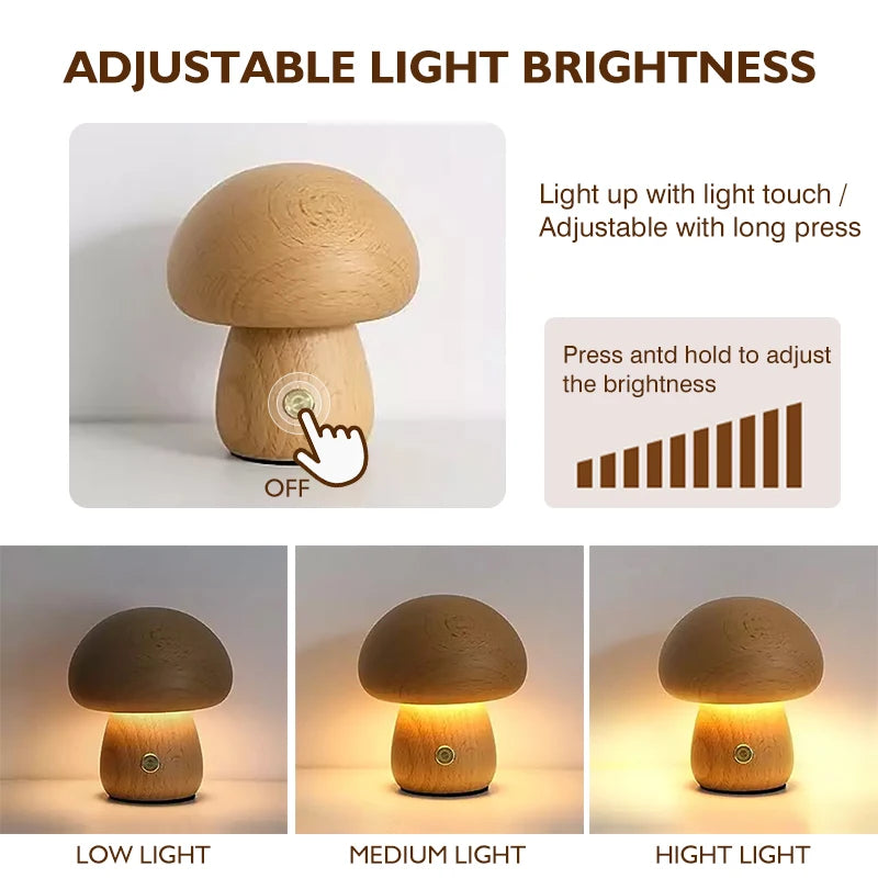 Wooden Mushroom Bedside Table Lamp